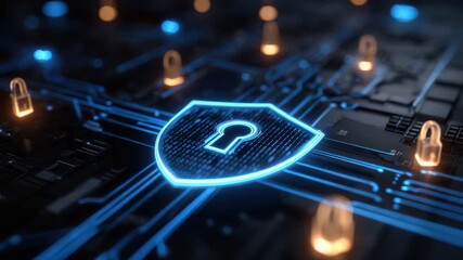 Blue glowing digital shield with keyhole on circuit board symbolizes cybersecurity, data protection, secure network, and advanced technology security in futuristic digital shield concept - Powered by Adobe