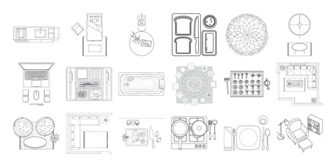 Vector art of collection of various architectural floor plan icons and symbols