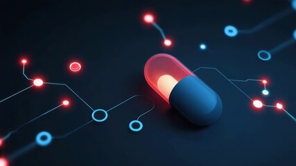 Glowing capsule pill with digital network and futuristic technology, medicine innovation in healthcare featuring illuminated connections and advanced medical concepts - Powered by Adobe