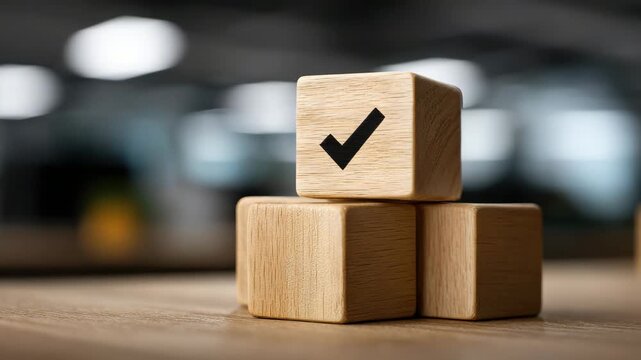 Wooden block with check mark symbol stacked on table showing approval and success in business project, close up of wood texture and wooden cube stack representing project completion