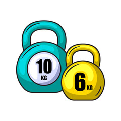 Teal Ten Kilogram Kettlebell Paired With Yellow Six Kilogram Kettlebell For Fitness Training...