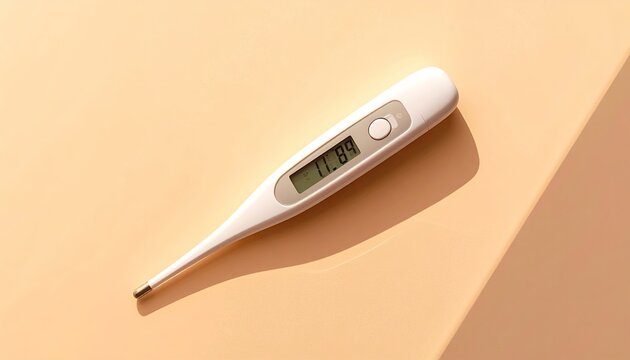 White Digital Thermometer Displaying 38.9 Degrees Celsius on a Light Peach Background with Soft Sunlight Shadows