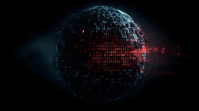 Abstract digital globe with red data stream and cyber particles - Powered by Adobe