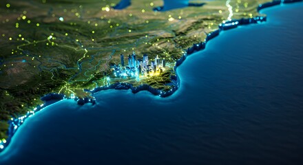 A detailed, stylized 3D map of a coastal region at night, with glowing city lights and terrain