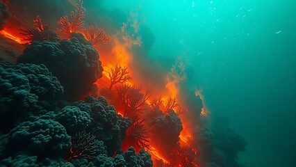 Obraz premium A terrifyingly beautiful underwater scene where the coral reef is consumed by an acidic neon-green and orange haze.