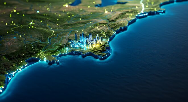 A detailed, stylized 3D map of a coastal region at night, with glowing city lights and terrain