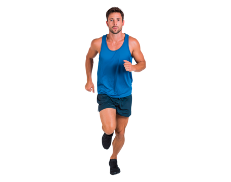 Athletic man running in blue tank top for fitness and training inspiration