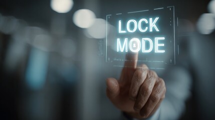A close-up of a man's hand interacting with a futuristic digital interface displaying 'LOCK MODE'.
