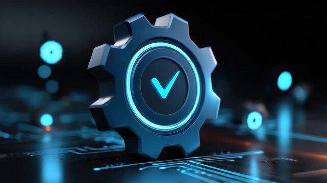 Blue gear glowing check mark on futuristic circuit board with vibrant neon light technology digital verification system featuring glowing blue light effects and digital connection
