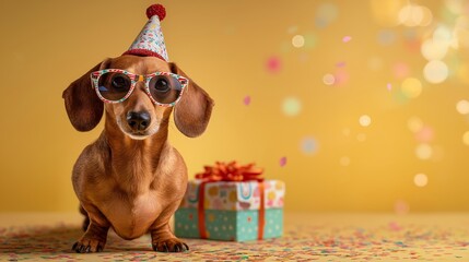 A cheerful brown dachshund wearing a party hat and colorful glasses sits beside a gift box on a yellow background, symbolizing joy and humor. The playful composition captures celebration, personality