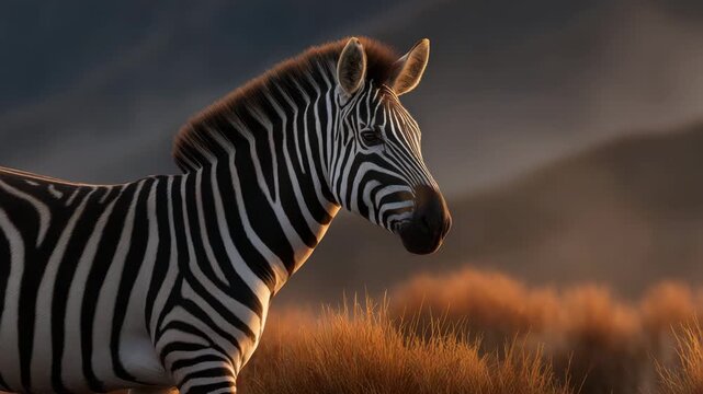 Zebra animal wildlife striped pattern savannah grassland sunset natural environment peaceful calm portrait nature light showcasing beautiful natural habitat and serene wildlife scene