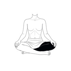 Vector art of a simple, artistic line drawing of a person meditating in a lotus position, with a focus on the torso and crossed legs