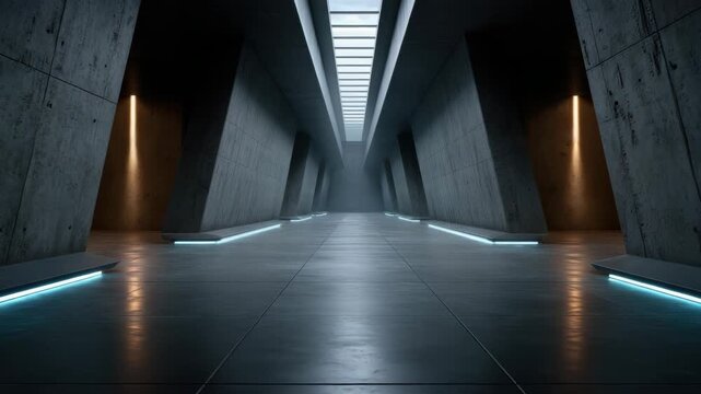 Futuristic corridor with concrete walls and floor illuminated by blue and warm lights featuring skylight ceiling misty atmosphere creating mysterious mood sleek industrial architecture interior light