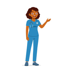Cheerful African American Female Doctor with Stethoscope Presenting Information with Open Hand