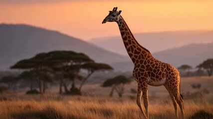 Giraffe standing tall in savanna grass near acacia tree during warm sunset, showcasing peaceful wildlife and mammal beauty in natural African nature landscape scene - Powered by Adobe