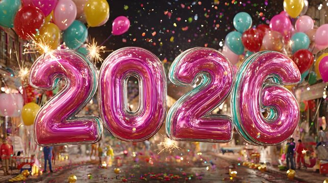 3D neon pink and cyan “2026” floating in a night sky filled with confetti, balloons, and sparklers