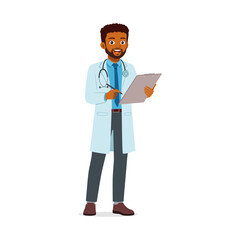 African Doctor Holding Clipboard in White Coat with Stethoscope Smiling at Clinic