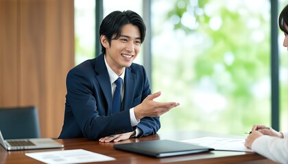 明るいオフィスで女性と面談する男性