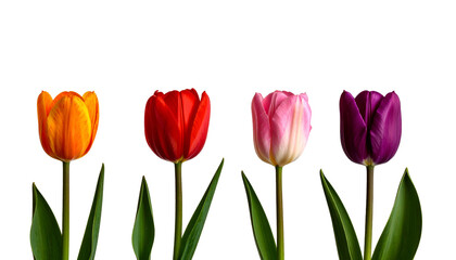 Obraz premium real tulip flowers four colors white background botanical design