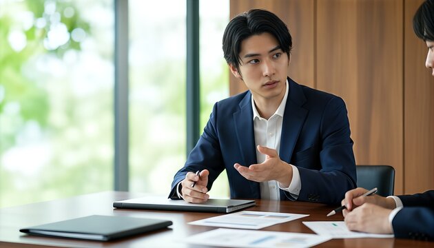 男性同士で真剣な打ち合わせをするビジネスマン