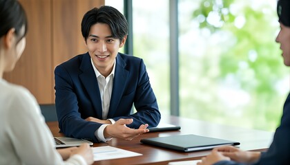 チームミーティングで発言する若い男性