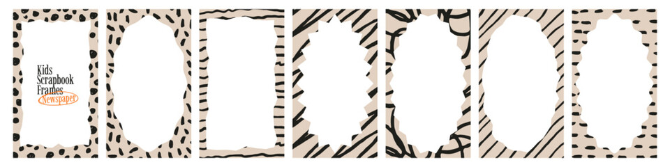 Newspaper scrapbook frames with crayon textures and torn paper edges.Hand drawn collage borders for kids collage projects. Vector paper cut out shapes with rough chalk strokes, pencil scribbles.