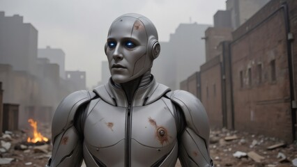Futuristic Robot Standing Amidst Ruins of a Destroyed Cityscape