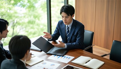 資料を見せてプレゼンテーションするビジネスマン