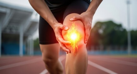 Naklejka premium Athlete's knee pain injury soreness after sports exercise injury hurt