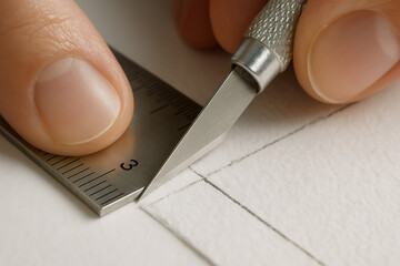 Precise Cutting: Craft Knife Guided by Metal Ruler for Paper Art