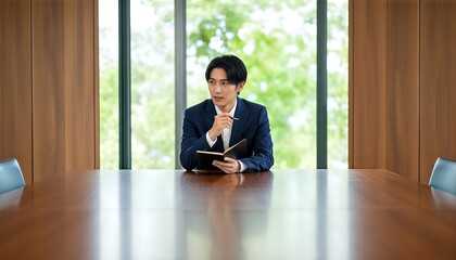 広い会議室で一人考え事をするビジネスマン