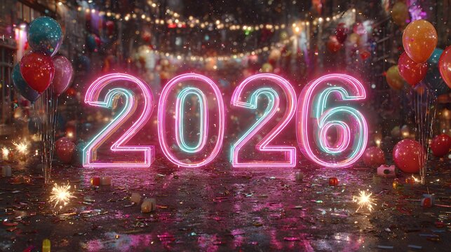 3D neon pink and cyan “2026” floating in a night sky filled with confetti, balloons, and sparklers