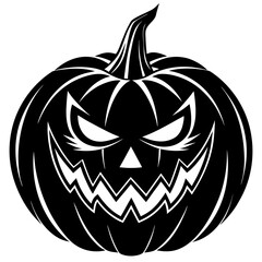 Black silhouette illustration of a cute halloween puppy wearing a witch hat and holding a pumpkin