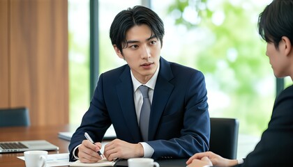 同僚の話を真剣に聞く若いビジネスマン