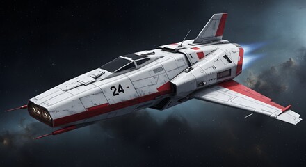 A sci-fi spacecraft, white & red livery, contrails, in the vastness of space, against nebulas