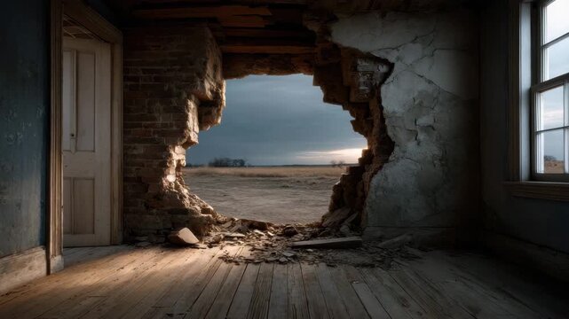 Abandoned room with large hole in brick wall revealing sunset over empty field, wooden floor and window on right side, creating mysterious, rustic, and moody atmosphere evoking decay and solitude