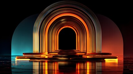 Abstract glowing archway with neon lights reflected on water surface