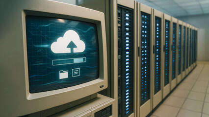 A modern server room with a retro computer displaying cloud computing upload symbol. Illustrating the intersection of past and future technology, data storage and connectivity.