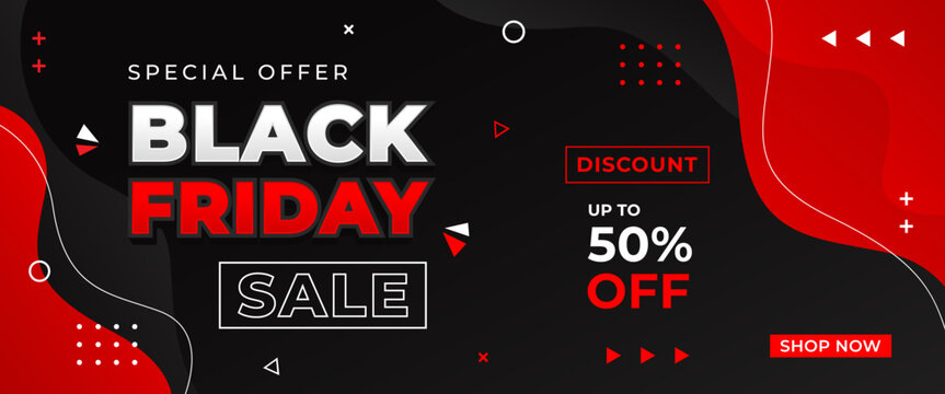 Black Friday sale banner, Black and red wave background with geometric shapes, up to 50% off, template banner design for sale promotion, e-commerce, marketing ads, events, websites, or headers