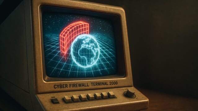 A retro-style computer terminal with an illustration of a glowing globe and a firewall, evoking themes of cyber security and data protection.