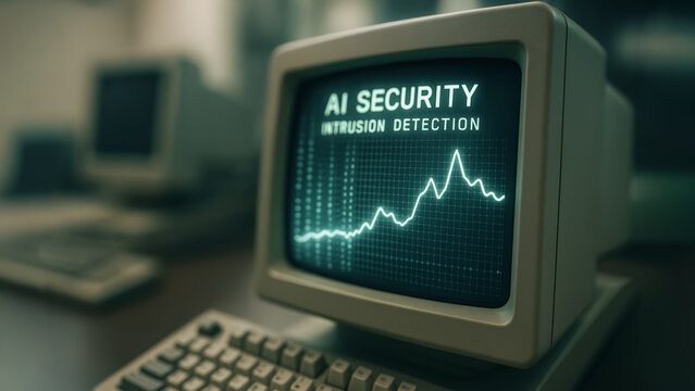A vintage computer monitor displaying an AI security screen, highlighting intrusion detection.