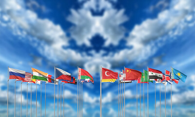 worldwide global flag national government politic diplomacy international blue sky cloudy emblem...