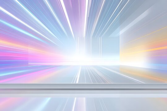 Abstract futuristic tunnel with glowing neon light streaks and vibrant colorful bokeh effects creating a sense of speed and motion - Powered by Adobe