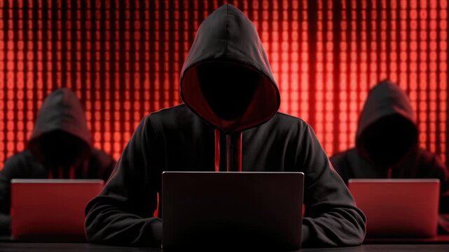 Hacker group in black hoodies using laptops in dark room with red digital background showcasing intense cybercrime activity, anonymous figures focused on computer security and digital technology