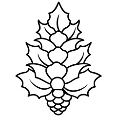 Simple outline of a pinecone with holly leaves for winter designs