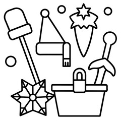 Line art of santa s workshop tools for christmas crafts