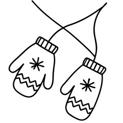 Simple line art of winter mittens hanging on a string