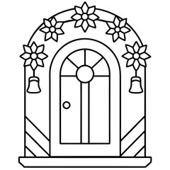 Festive door with wreath and garland line art illustration