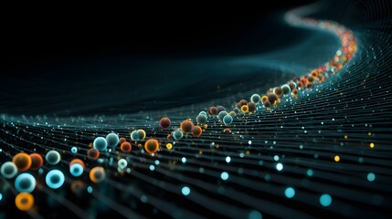 Futuristic data stream with glowing particles flowing through digital grid