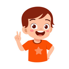 Happy Little Boy Showing Peace Sign and Smiling in Cartoon Style Illustration